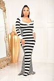 Fall Elegant Stripe Long Sleeve Square Neck Fishtail Dress PIN-8709