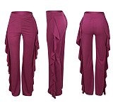 Solid Color High Waist Ruffles Side Loose Straight Pants OM-1399