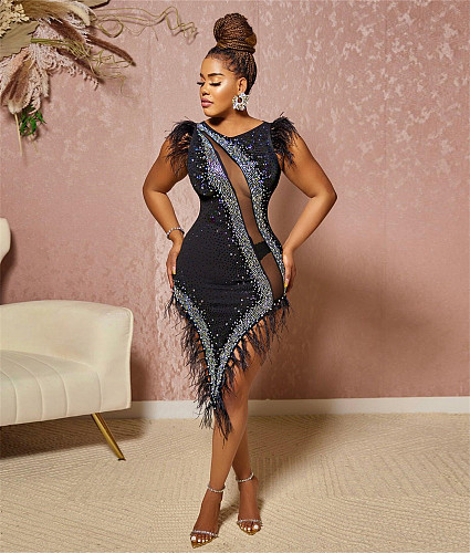 Sexy See-through Mesh Hot Drill Feather Hem Party Dress NY-2596