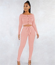 Knitted Long Sleeve Crop Top Skinny Pants Outfits OY-6386