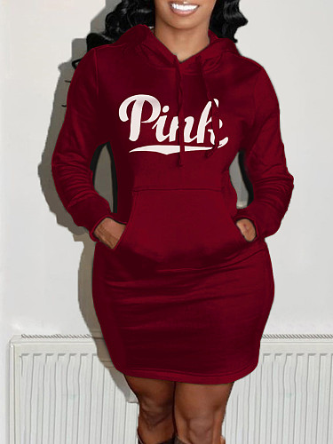 PINK Letter Print Casual Hooded Sweatshirt Dresses SAND-2216