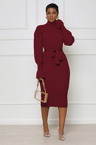 Elegant Turtleneck Knitted Sweater Dress with Belt TR-1237
