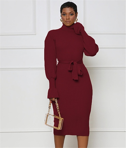 Elegant Turtleneck Knitted Sweater Dress with Belt TR-1237