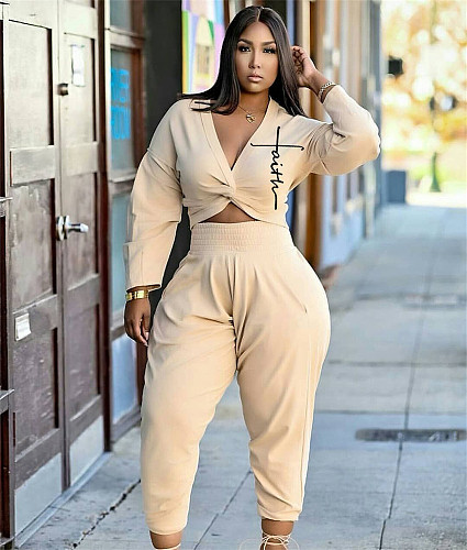 V Neck Long Sleeve Crop Tops and Pants Two Piece Sets XYMG-88120