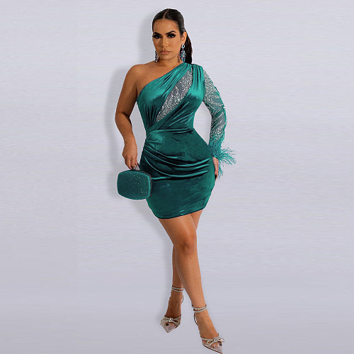Velvet One Shoulder Long Sleeve Mini Party Dresses NY-2611