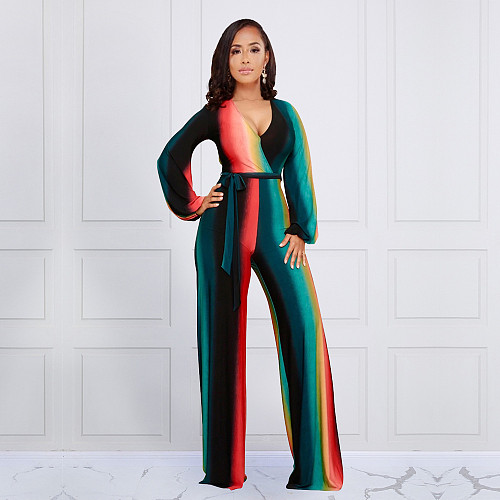 Rainbow Striped V Neck Lace Up Wide Leg Jumpsuits JLY-19497