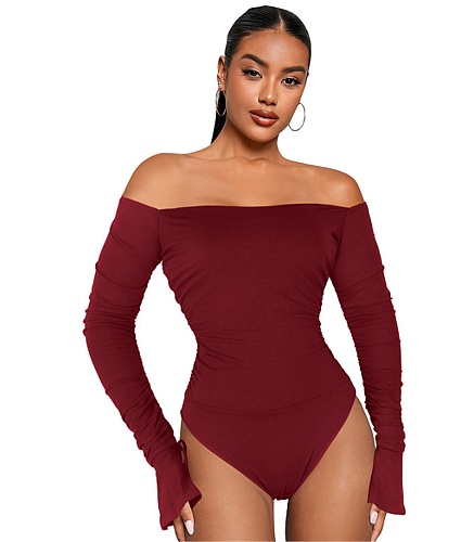 Off Shoulder Flare Sleeve Ruched Bodycon Bodysuit MZ-2770