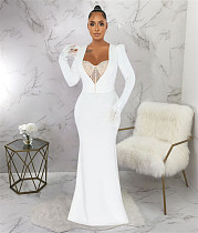 Diamonds Hot Drill Feather Long Sleeve Mermaid Dresses YF-10363