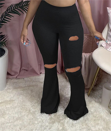 Casual Solid Mid-Waist Ripped Holes Flare Pants MX-9162