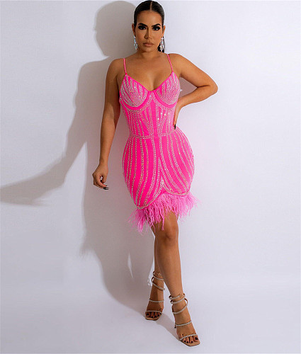 Spaghetti Strap Hot Drilling Feather Party Dresses NY-2601