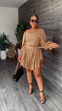 Puff Sleeve Crop Tops Pleated Lace Up Skirt Sets MIL-391