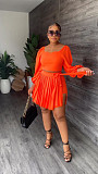 Puff Sleeve Crop Tops Pleated Lace Up Skirt Sets MIL-391