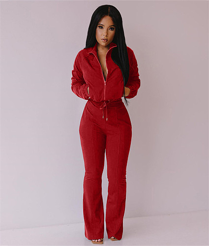 Casual Solid Zipper Jackets Flare Pants 2 Piece Sets OQ-040