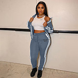 Side Striped Sporty Jacket Pencil Pants Two Piece Sets XING-199