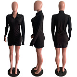 Solid Zipper Fly Long Sleeve Slim Fit Mini Dresses AWY-710