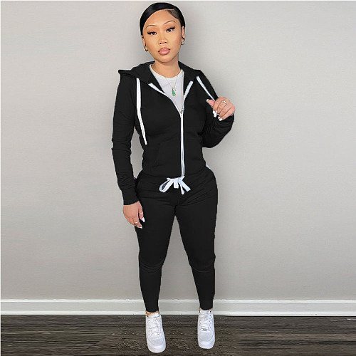 Casual Solid Basic Hoodie Jacket Two Piece Pants Sets DN-8777