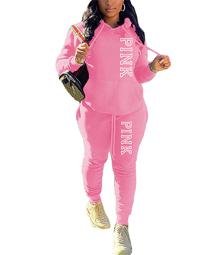 PINK Letter Print Pullover Hoodies and Pants Tracksuit DN-8999P5A