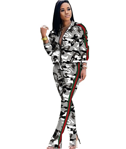 Camouflage Print Jacket Full Pants Two Piece Sets BNY-7048