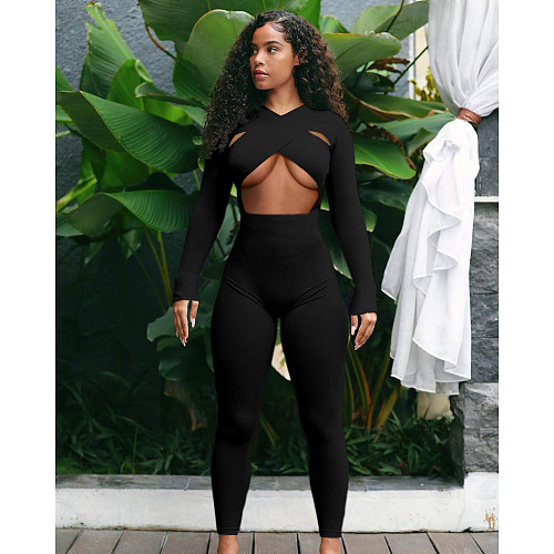 Sexy Cut Out Long Sleeve Bodycon Black Jumpsuits QYUN-2020