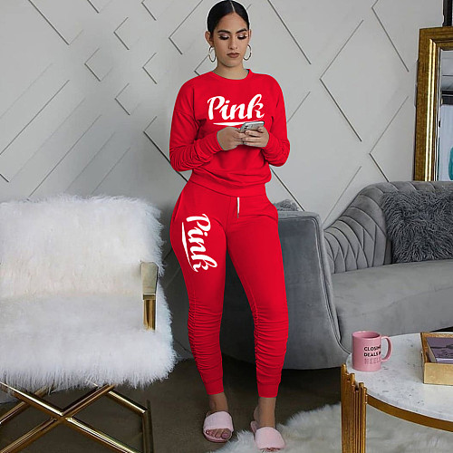 PINK Letter Print T Shirt Pleated Pants Two Piece Sets  CT-2132