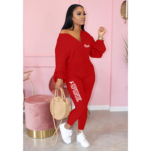 PINK Letter Casual Long Sleeve One Piece Jumpsuit CT-12026