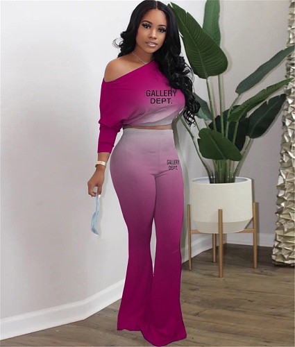 Gradient Printing T Shirts Flare Pants Two Piece Set YIM-295