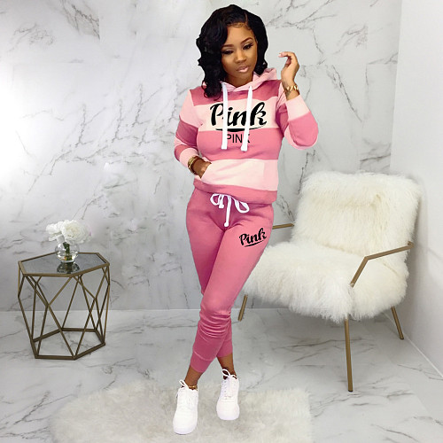 PINK Letter Pullovers Hoodie Skinny Pants Two Piece Set CT-1047