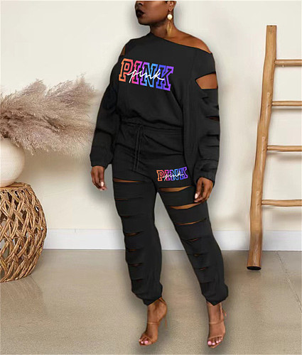 PINK Letter Print Cut Holes T Shirt and Pants Tracksuits CT-2096