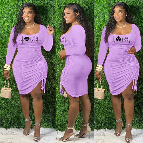 Chic Drawstring Ruched Long Sleeve Plus Size Dresses CT-2037