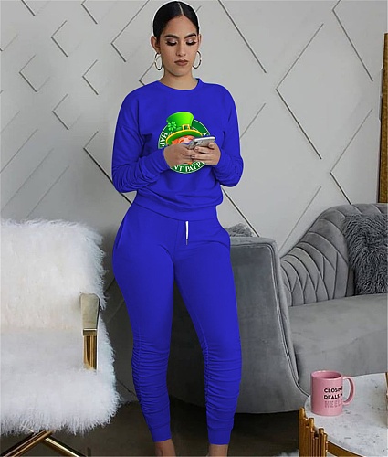 Printing Long Sleeve T Shirt Pleated Ruched Pants Set TE-2068