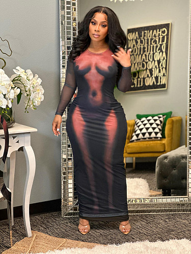 3D Body Printed Long Sleeve Maxi Long Dresses BER-7026