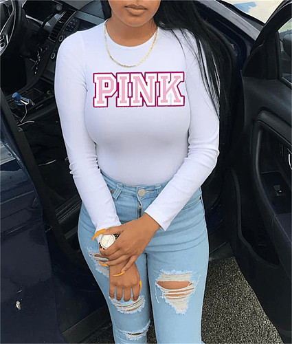 PINK Letter Long Sleeve O neck T Shirt Tops GQ-0005