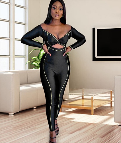Sexy Cut Out Off Shoulder Long Sleeve Skinny Jumpsuit YUYI-6132