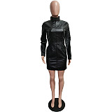 PU Leather Long Sleeve Bodycon Black Mini Dresses BGN-0008
