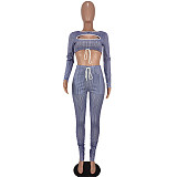 Striped Cut Out Long Sleeve Crop Tops Skinny Pants Set GY-6149