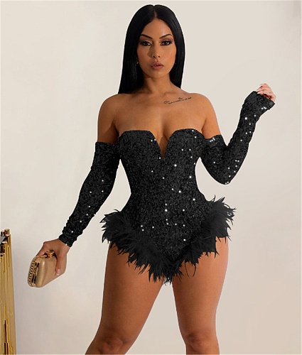 Sexy Sequined Off Shoulder Long Sleeve Club Bodysuit BY-6225