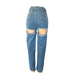 High Waist Cut Out Ripped Holes Denim Straight Pants LX-5528
