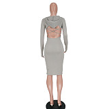 Chic Solid Color Long Sleeve Hooded Backless Dresses GY-6114