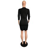High Waist 3/4 Sleeve Bodycon Black Dresses QZX-6271