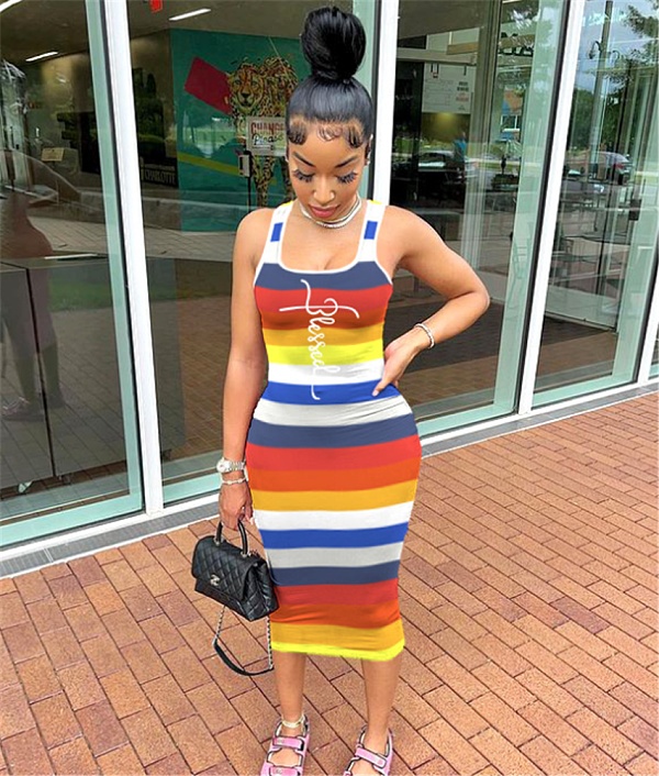 Rainbow Striped Sleeveless Bodycon Midi Dresses CT-3061