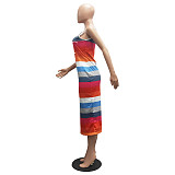 Rainbow Striped Sleeveless Bodycon Midi Dresses CT-3061