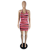 Striped Print Halter Backless Skinny Party Dresses  MUC-9106