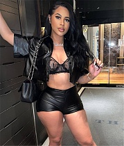 PU Leather Single Breasted Crop Tops Short Sets HMS-5562
