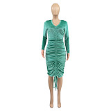 Long Sleeve Drawstring Ruched Velvet Dresses ANDI-1105