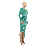 Long Sleeve Drawstring Ruched Velvet Dresses ANDI-1105