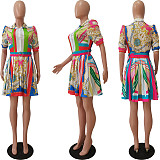 Turn Down Collar Floral Print Pleated Dresses CM-8660