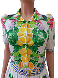 Turn Down Collar Floral Print Pleated Dresses CM-8660