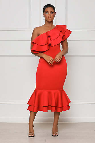 One Shoulder Ruffle Pack Hip Fishtail Evening Dress WDS-230607