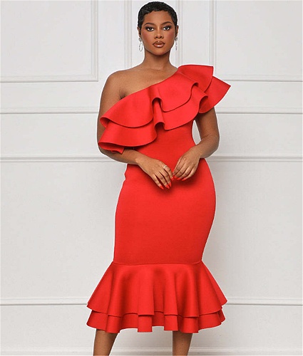 One Shoulder Ruffle Pack Hip Fishtail Evening Dress WDS-230607