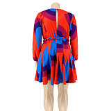 V Neck Long Sleeve Lace Up Pleated Plus Size Dress OSS-20858